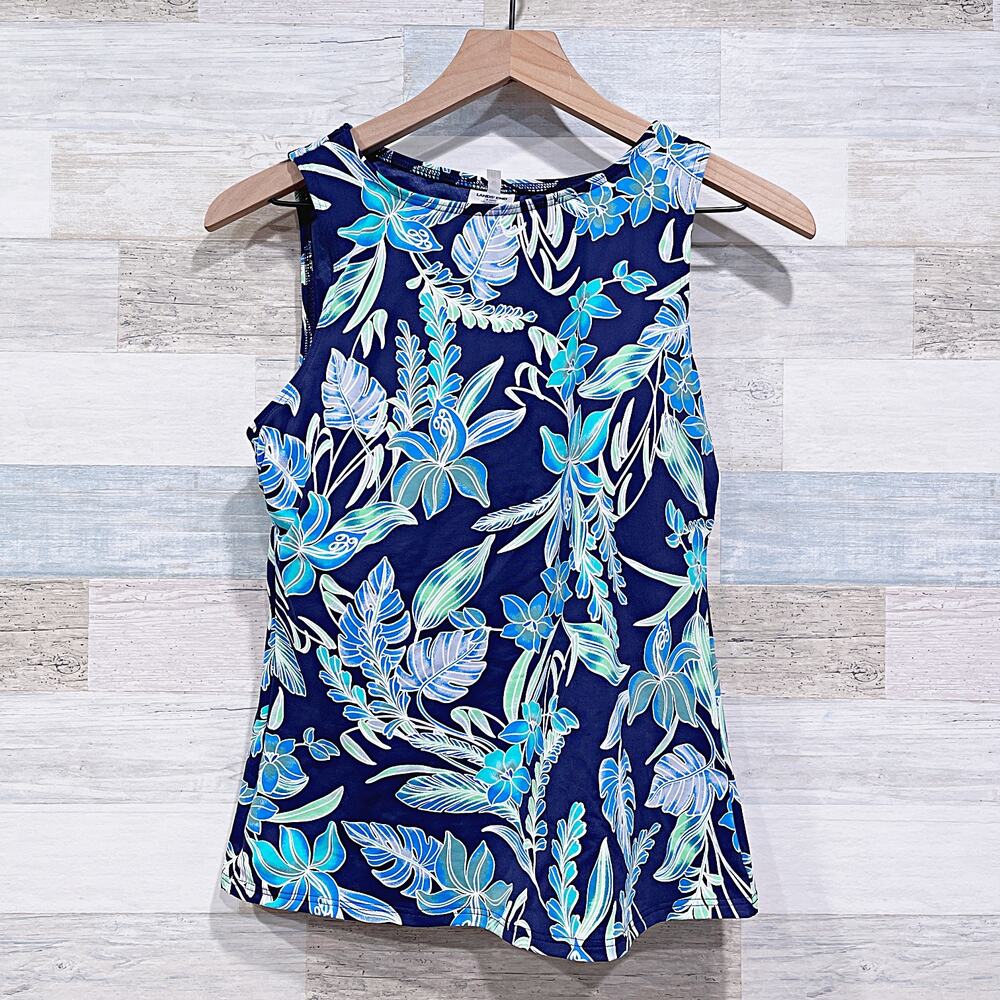Lands End Swim Tropical Floral Tankini Swim Top Blue Lined Modest Womens 8 DDD